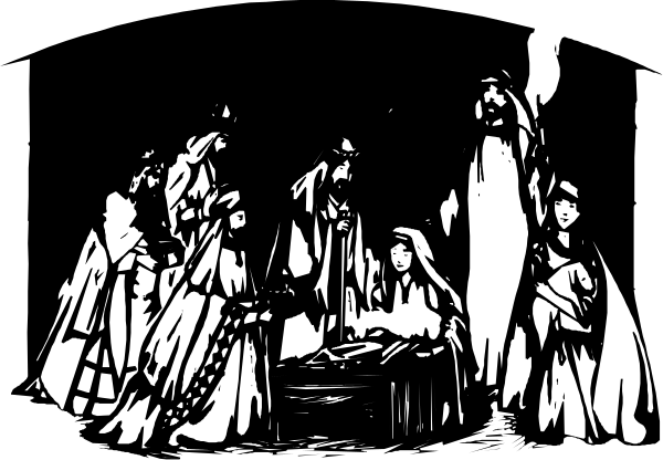 The black and white illustration depicts a group of individuals gathered around what appears to be an altar with religious symbols such as crosses on it; one person is holding up their hands in prayer while others look towards them, suggesting a moment of worship or ceremony within this setting.