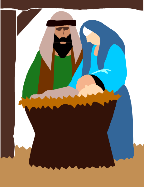 The illustration depicts a scene of three figures: an adult male with facial hair on his chin wearing traditional Middle Eastern attire standing to the left; in front of him is another figure that appears to be female, also dressed traditionally and holding what looks like bread or dough; both are positioned near a basket filled with hay. The setting suggests they might be inside some sort of shelter made from wood planks, possibly representing an outdoor structure such as a stable or barn.