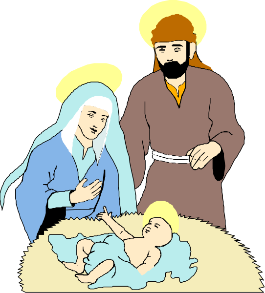 The illustration depicts a family of three: an adult male with facial hair wearing robes standing next to two other figures who appear to be adults as well; one is holding what looks like a baby wrapped in cloth, and all three characters seem to have expressions that suggest they are engaged in conversation or prayer. They stand on top of a bed covered by blankets which has the appearance of being made from hay bales. The background suggests an indoor setting with no distinct features other than darkness around them.