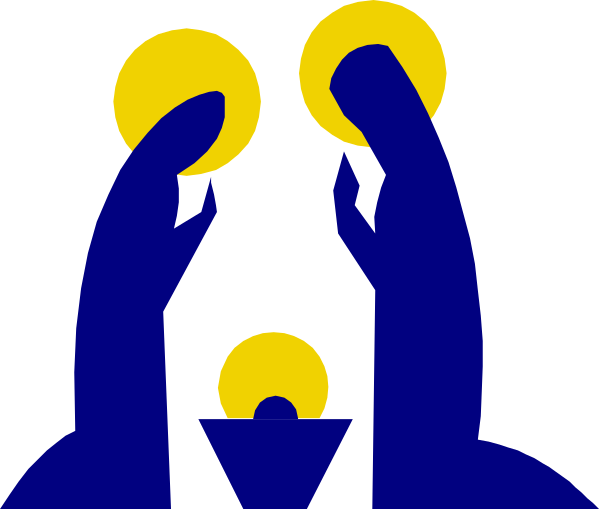 The image shows a stylized illustration of two hands holding up what appears to be an infant with rays emanating from it against a dark background; there is also another figure in front that seems like a cross, and below them both, three figures resembling candles or flames.