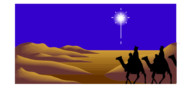 The image depicts a desert scene with camels carrying three figures under an evening sky where stars twinkle brightly above them; there is no text present in this clip-art illustration.