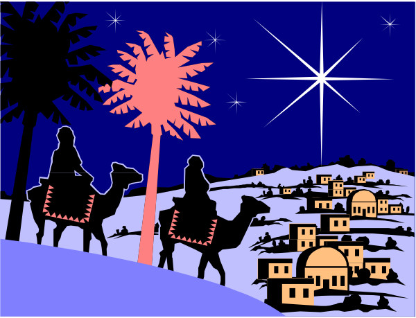 The illustration depicts a nighttime scene with silhouettes of palm trees on either side against a dark sky filled with stars; in between is an illuminated village with buildings that resemble traditional Middle Eastern architecture, and three camels carrying people ride through this setting under what appears to be the glow from lanterns.