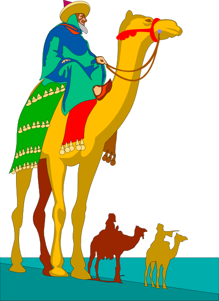 The illustration depicts a camel with two riders: an older man on top of it wearing traditional Middle Eastern attire including turban, robe, and headdress; and another person riding in front who appears to be younger, also dressed traditionally but without headgear or facial features. Both are holding onto the reins as they ride along a path with two camels following behind them: one is brown while the other has white fur on its body. The background shows an open sky and what seems like desert landscape under it.