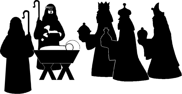 The black and white silhouette of a person sitting at table with food items on it next to another figure standing by a countertop holding what appears to be an object in their hand.