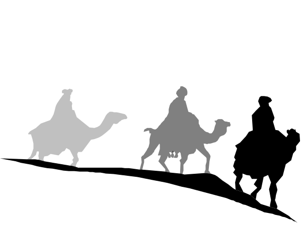 The black and white silhouette of a camel rider on horseback with another person riding beside them against an empty background.