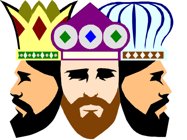 The image shows three stylized heads with crowns on top of them against a dark background; each head has facial features such as eyes, nose, mouth, beard, mustache, hair, eyebrows, ears and necks but no bodies attached to their torsos.