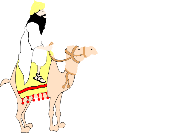 The image shows a cartoon depiction of two men riding camels with red blankets on their backs; both riders have beards and one is holding an object that resembles a staff in his right hand, while he appears to speak into something like a microphone or megaphone.