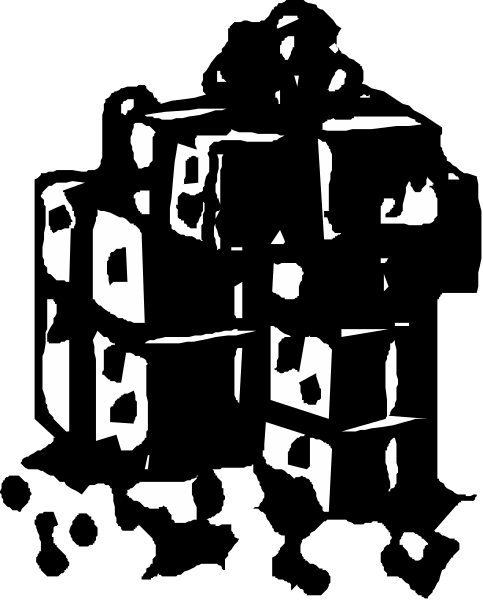 The black and white silhouette of a person standing next to boxes with various shapes on top.