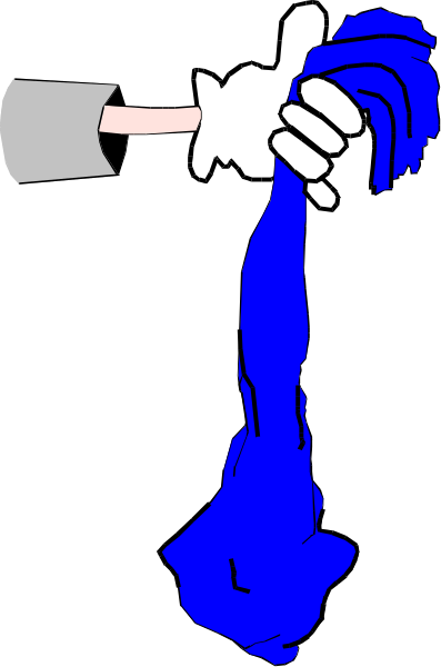 The image shows a cartoon of an animated character holding up two fingers with blue fabric draped over them against a black background.