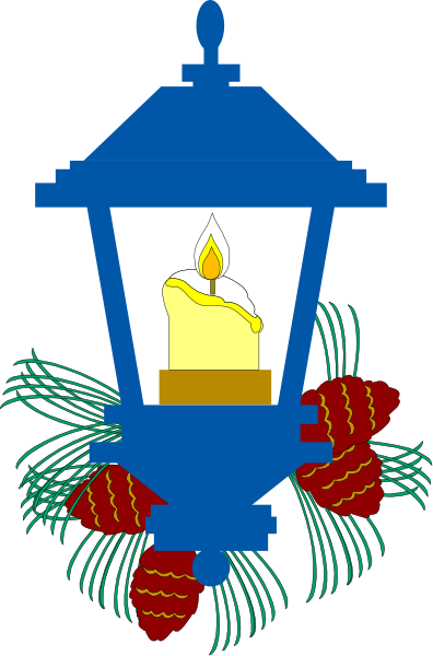 The image shows a stylized blue lantern with an illuminated candle inside it on top of what appears to be a street lamp post. Below the light is a wreath adorned with red and green decorations, possibly pine cones or berries, along with two candles that are not lit. The background features a simple gray gradient without any distinct details.