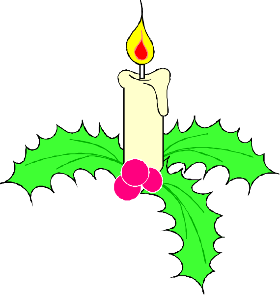 The image shows a candle with wick lit inside an evergreen branch adorned with holly leaves on either side of it against a black background.