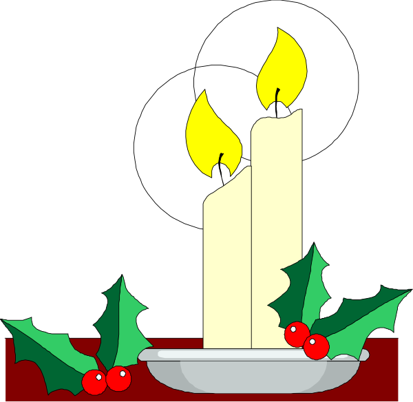 The image shows a candlelit Christmas scene with two lit candles on either side of an unseen wreath atop what appears to be a mantelpiece; below it is a bowl filled with holly and berries, suggesting festive decoration for the holiday season.