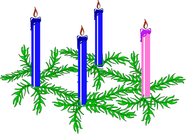 The image shows a digital illustration of an Advent wreath with lit candles on each side surrounded by pine branches, set against a dark background that resembles nighttime sky.