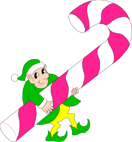 The cartoon depicts an elf holding a candy cane with stripes of pink and white while standing next to it on what appears to be Christmas Eve night outside in snowy conditions under clear skies.