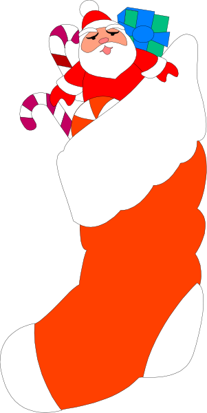 The image shows a cartoon of Santa Claus lying down with his legs crossed over each other while holding what appears to be an object in one hand; he is wearing red pants trimmed at the bottom by white fur, and there's no visible background or setting due to cropping.