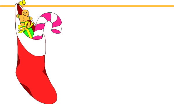 The image shows a cartoon depiction of Santa Claus's foot with his red boot peeking out from under a black line on what appears to be Christmas wrapping paper; there is also an illustration of candy canes and stockings, along with small figures that resemble elves or gnomes.