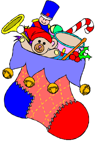 The illustration shows a festive Christmas stocking filled with various holiday items such as candy canes, bells, teddy bears, drums, trumpets, and other toys associated with winter holidays like Santa Claus's hat and boots.