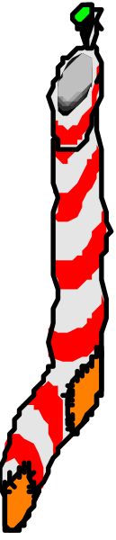 The image shows a pixelated representation of an object with stripes that resembles candy canes on its left side and what appears to be a red ribbon-like pattern on its right side against a grey background, giving it a digital glitch effect as if parts were missing or corrupted.