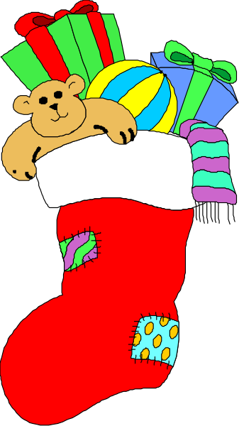 The image shows a cartoon depiction of Christmas stockings filled with various gifts such as toys, candy canes, scarves, socks, books, and other items typically associated with holiday gift-giving; there is also an illustration of Santa Claus's face at the top right corner.