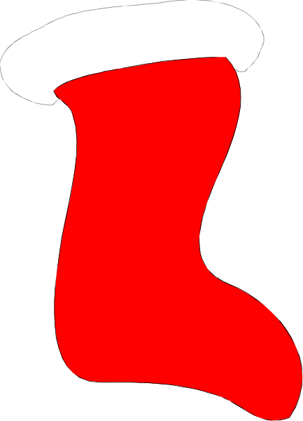 The image shows a simple line drawing of an upright Christmas stocking with white trim at its top edge against a black background.