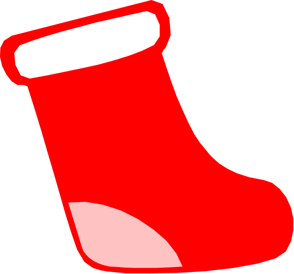 The image shows a red Christmas stocking with white trim hanging on an unseen surface next to another identical stocking that is lying flat beside it against a black background.