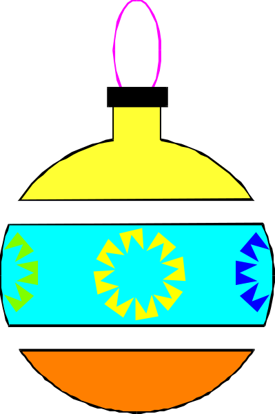 The image shows a colorful Christmas tree ball with an orange base at its bottom right corner against a dark background.