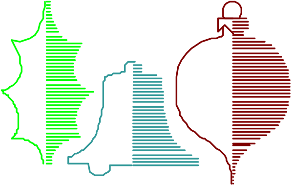The image shows a pixelated representation of three Christmas trees with different colored lights: red on top left, green centered bottom right, blue at center-top; two hearts in white above them; an orange bell below the bells and to its side is a snowflake symbolizing winter or cold weather.