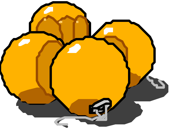 The image shows a collection of cartoonish orange fruits with green stems on top, arranged neatly together against an unseen background; there is no text present in this clip-art illustration.