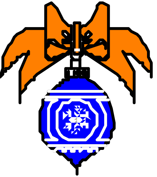 The image shows a pixelated emblem with an orange bird on top of what appears to be a shield-like design featuring blue elements at its center.