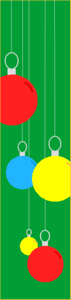 The image shows a sequence of colorful Christmas balls hanging from strings against different backgrounds: red on green grass, yellow on blue sky with clouds, white on black space, pink on purple snowflakes, orange on brown tree trunks, and light gray in front of darker grey wallpaper.