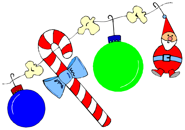The image features a collection of Christmas items including candy canes with peppermint stripes, green baubles, red bow ties on Santa Claus's hat, blue stockings hanging from his belt and boots, white pompom balls in front of him, and two small gingerbread men.