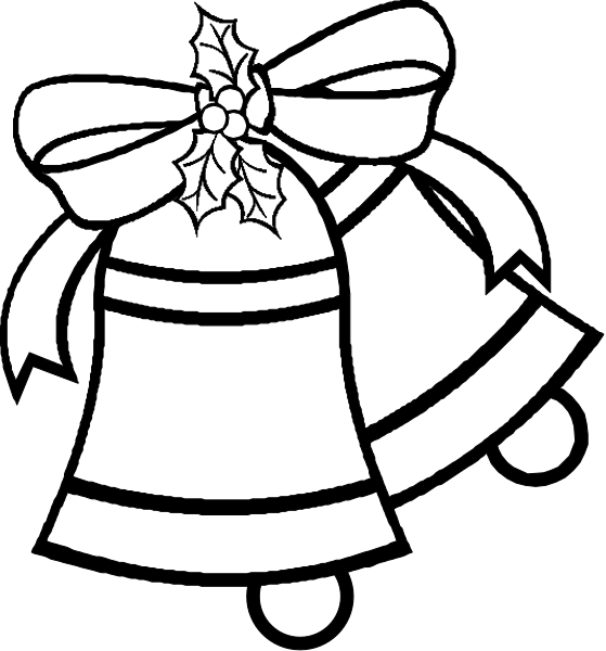 The black and white images show a bell with ribbon tied around it on top left corner of an illustration that resembles Christmas bells in two different styles: one is more realistic while the other has cartoon-like features, both depicting holiday themes.