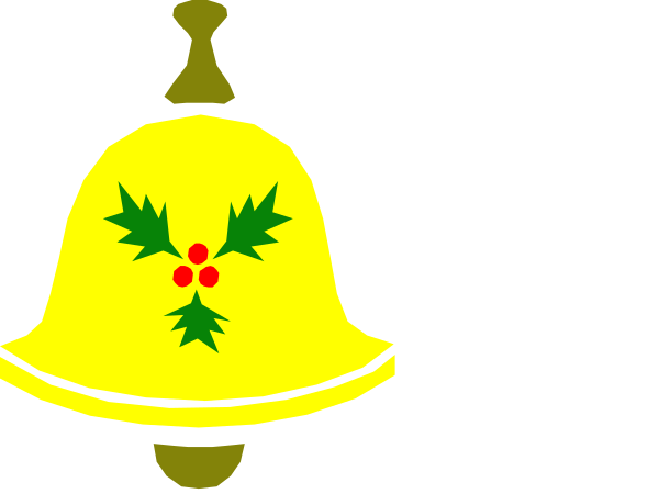 The image shows a yellow bell with holly leaves on it to its left side against a black background.