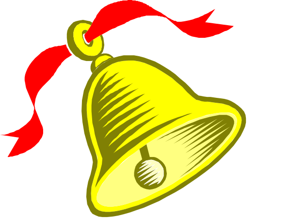 The image shows a bell with a red ribbon tied around it on top of what appears to be an alarm clock background.