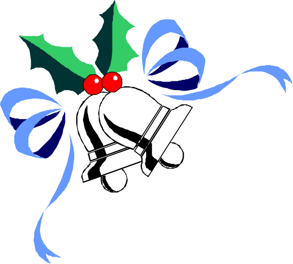 The image shows a Christmas greeting card with an illustration of two holly leaves on either side forming a frame around a central figure that appears to be Santa Claus wearing his traditional red suit and hat, holding what looks like presents in each hand while standing against a dark background adorned with blue ribbons.