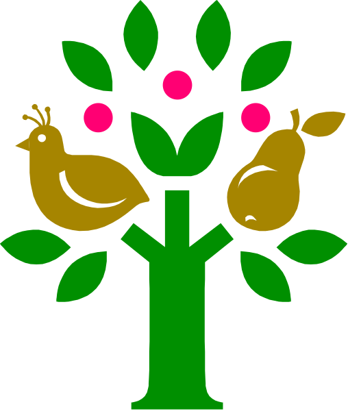 The image shows a stylized tree with three birds perched on its branches: two chickens atop each other in one branch and another bird to the right of them; below these elements is an apple, colored red, hanging from the same branch as if it has just been picked or fallen.