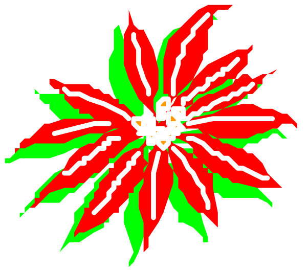 The image shows a digital illustration of an abstract flower with red petals against a black background.