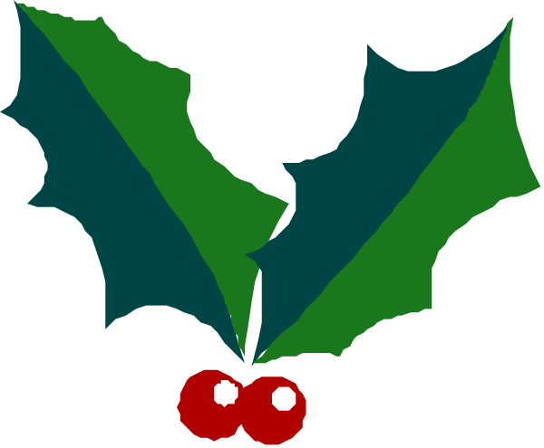The image shows a festive holiday greeting card with two holly leaves on either side of mistletoe bearing red berries at its center; there is also an illustration of cherries in place of eyes and mouth, giving it a playful appearance.