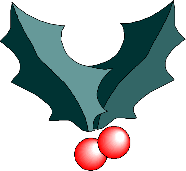 The image shows a stylized graphic of two holly leaves with berries on either side forming an arch over what appears to be mistletoe in between them; there is also another red berry hanging from one leaf, and it's set against a black background.