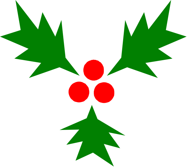 The image shows a digital illustration of Christmas decorations with red berries at their center surrounded by green holly leaves on either side against a black background.
