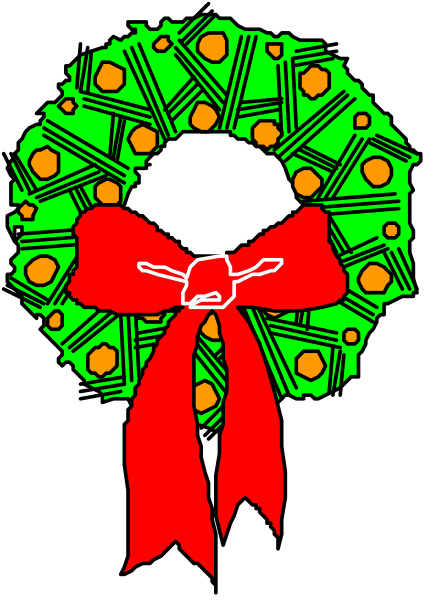 The image shows a Christmas wreath with red ribbon bow on top of it against a black background.
