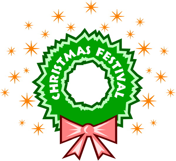 The image features a Christmas wreath with stars around it at its center, set against a black background; there is also text that reads "CHRISTMAS FESTIVAL" in white letters above and below the wreath.