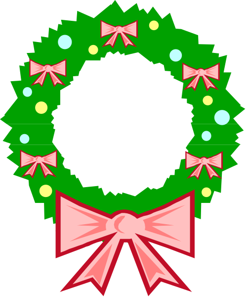 The image shows a Christmas wreath with red ribbon bow on top, adorned with green holly leaves, berries, and small white balls; it is set against a black background.
