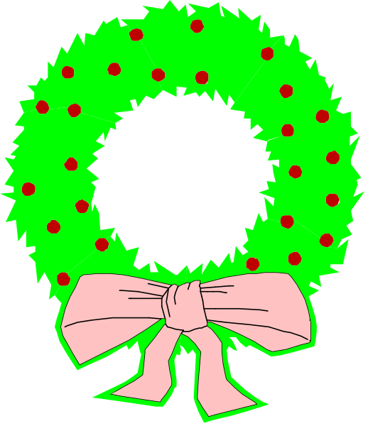 The image shows a Christmas wreath with red berries on top of it, adorned by green leaves; below the wreath is a pink bow tied in front of two white ribbons that form an X shape at their ends.