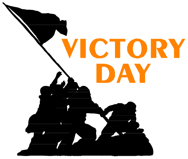 The image displays a black background with white text that reads "VICTORY DAY" at the top right corner of an orange rectangle in the center-right area.