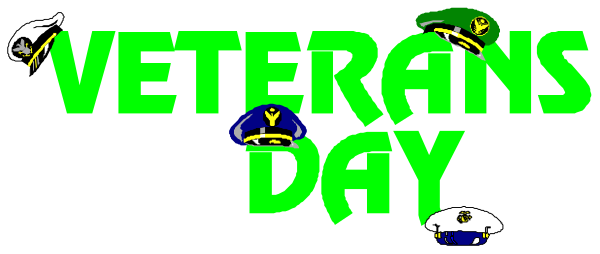 The image shows a graphic with text that reads "Veterans Day" at the top right corner against an American flag background; below this is clip-art of various military figures including soldiers in uniforms, sailors, and airmen, along with symbols like crossed swords, anchors, wings, and other insignia. The style appears to be a digital collage or graphic design meant for celebrating Veterans Day.