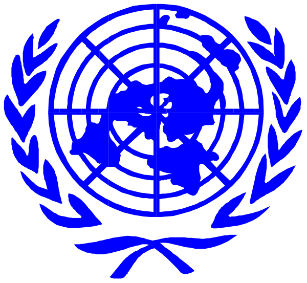 The logo of the United Nations with a globe at its center surrounded by olive branches is shown against a blue background.