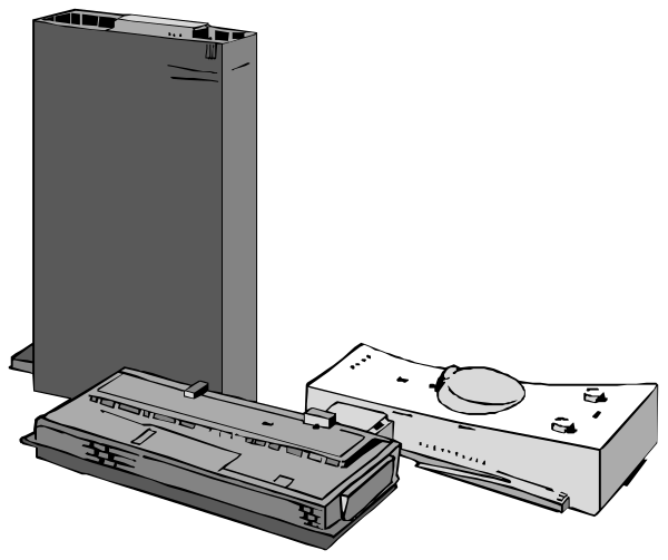 The black and white illustration shows a desktop computer setup with an open laptop on its side revealing internal components such as keyboard keys and RAM modules; next to it is a closed printer lying flat, partially obscured by another object that appears to be a small electronic device or component in front of the monitor.