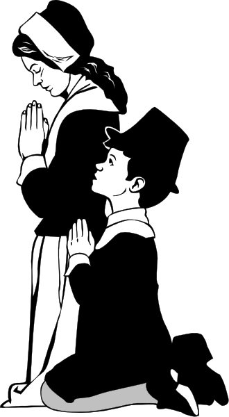 The black and white illustration shows a man kneeling before an altar with religious symbols such as crosses above him; he is praying to Mary depicted in front of Jesus on the crucifix, both figures being revered by his posture.