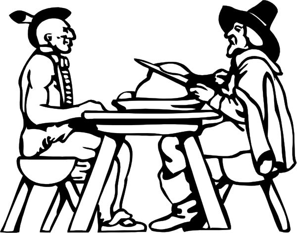 The black and white illustration shows two men sitting at a table with various items on it such as bowls and spoons; one man is wearing glasses while both have beards.